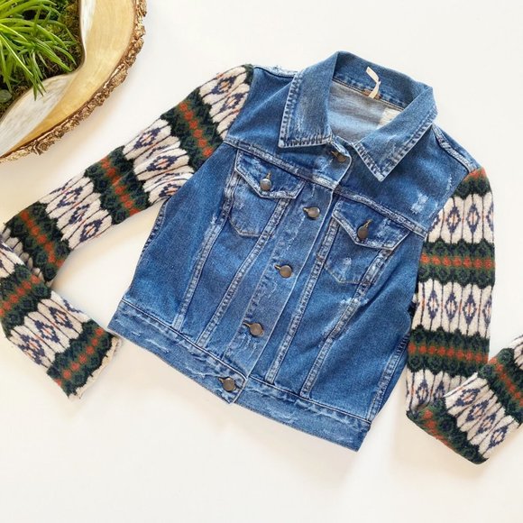 Free People Sweater Sleeve Distressed Jean Jacket - Picture 1 of 11